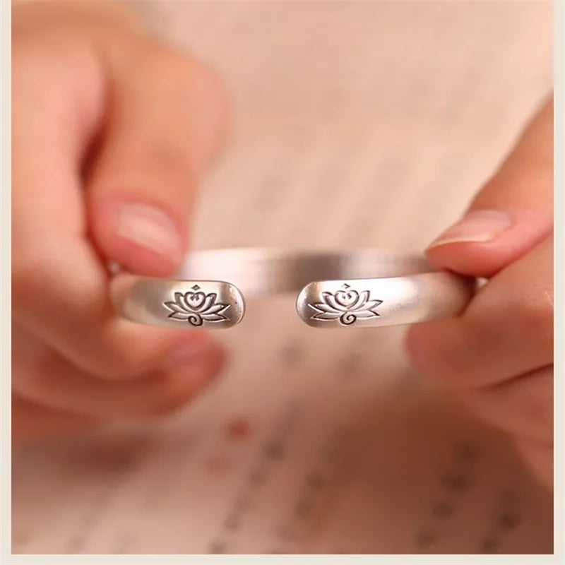 S999 Heart Sutra Lotus Silver Bangle