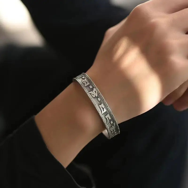 Retro Six-Character Mantra Silver Bracelet