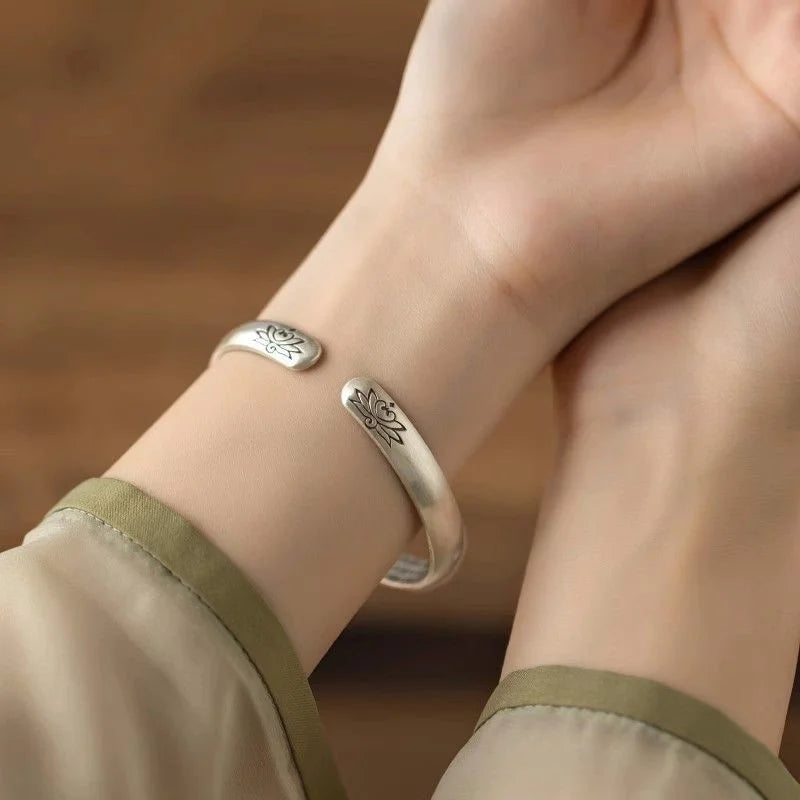 S999 Heart Sutra Lotus Silver Bangle