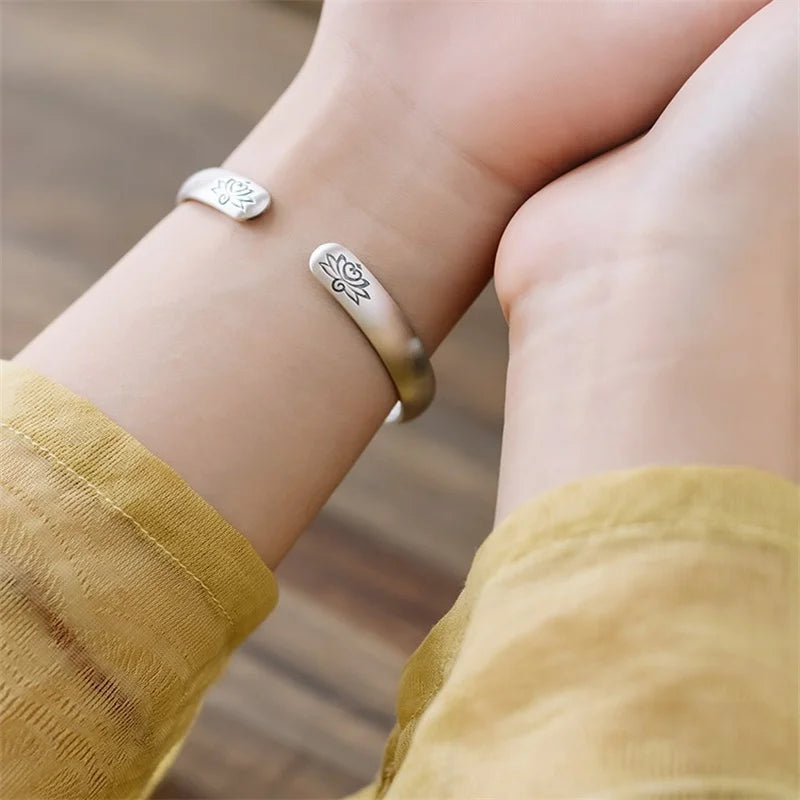 S999 Heart Sutra Lotus Silver Bangle